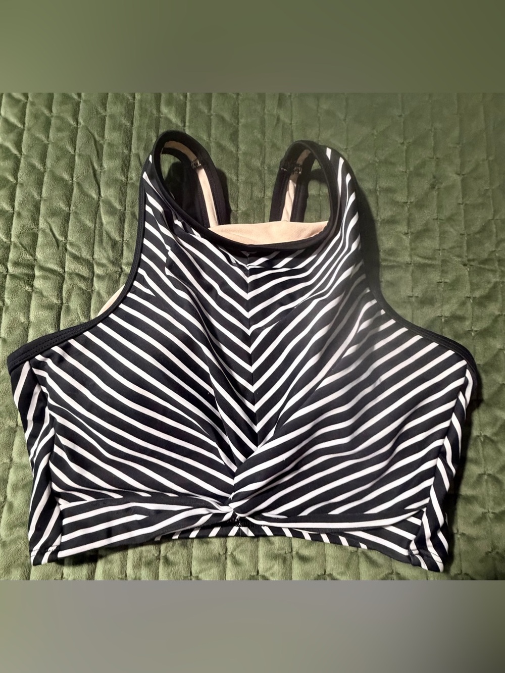 Kona Sol high-neck twist-front bikini top black white stripe design size medium